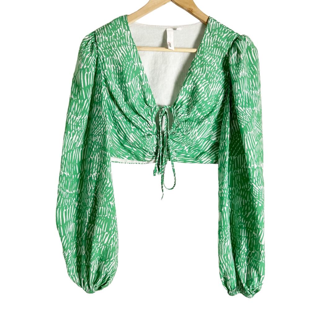 Jonathan Simkhai Adelaide Green Long Sleeve Tie Front V-Neck Crop Top Size M